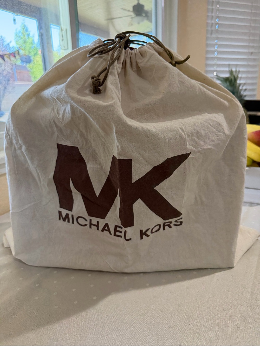 Michael Kors White Drawstring Dust Bag with Brown MK Logo
